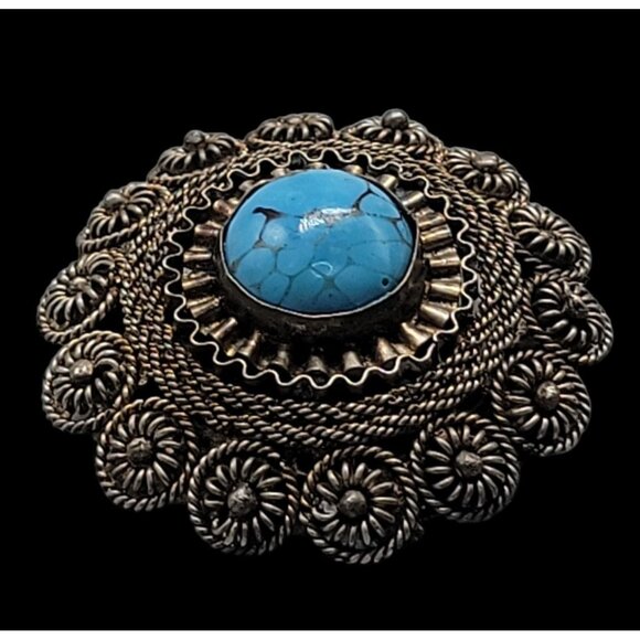 Faux Turquoise Silver Plated Brooch Pendant Blue Glass Filigree Setting Vintage - Picture 11 of 16